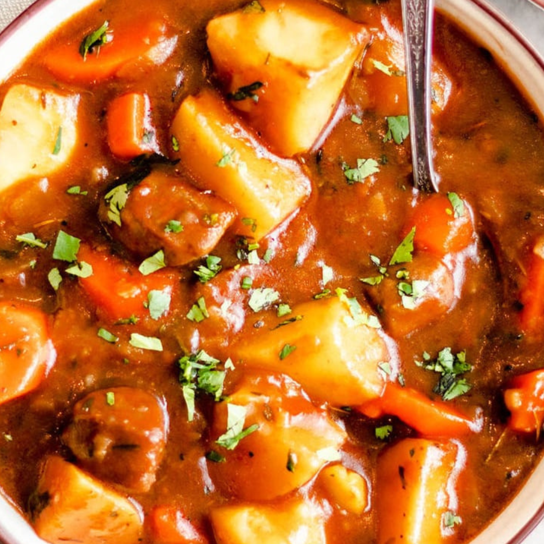 Slow Cooked Spanish Gravy Stew with Root Vegetables and Kale (Gluten Free)