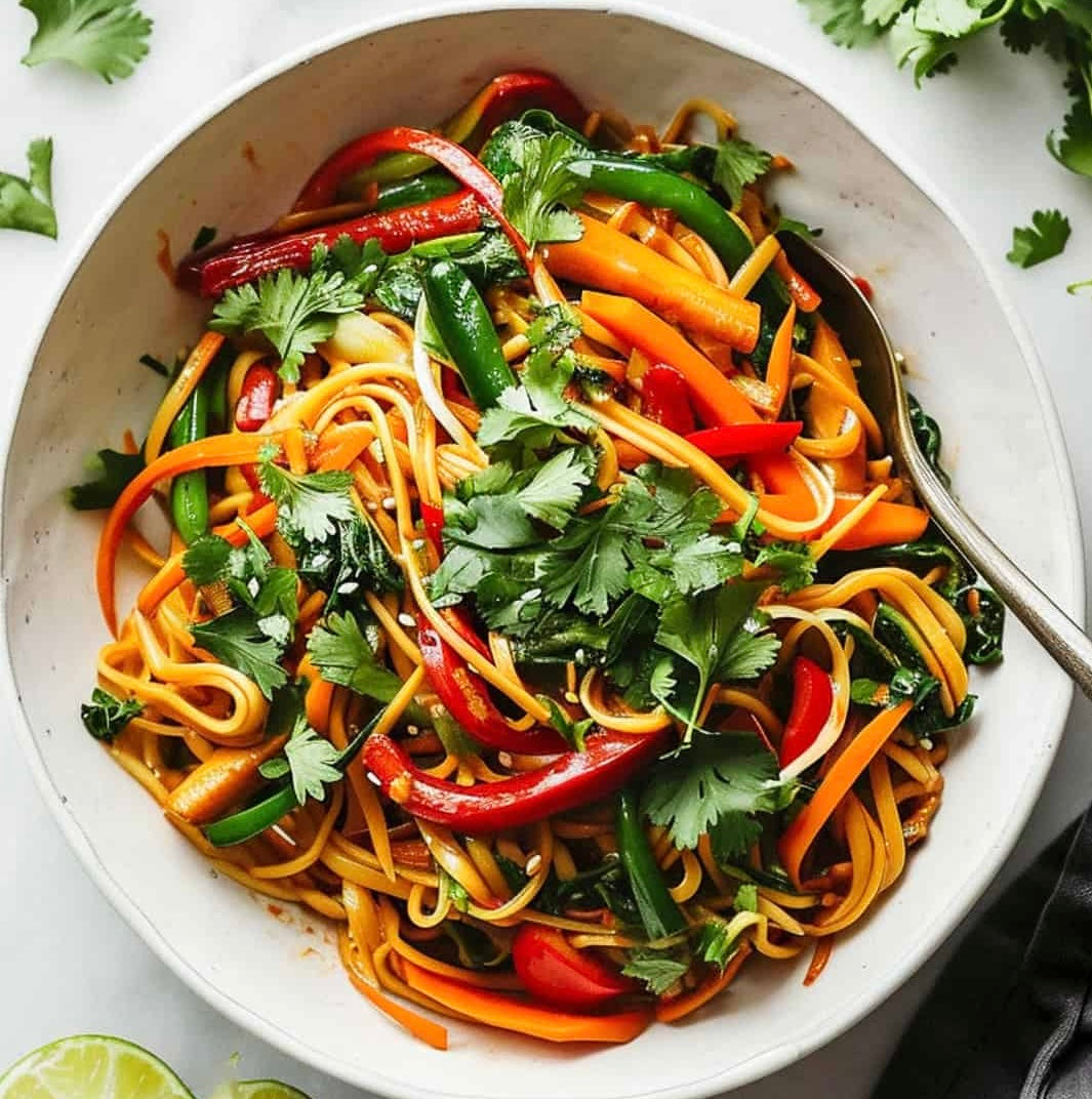 Beijing Sesame Ginger Noodle Stir Fry with Rainbow Vegetables (Contains Gluten)