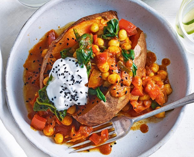 Loaded Baked Potato with Butter Curried Roasted Chickpeas and Spinach (Gluten Free)