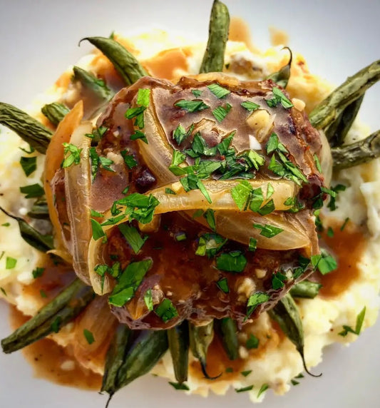 Vegan Salisbury 'Steak' Meal over oven Roasted Garlic Green Beans, Onion Gravy and Mash (Gluten Free)