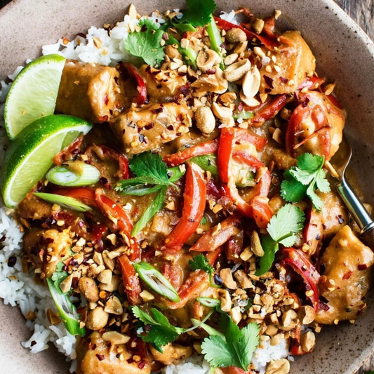 Spicy Thai Satay Sweet Potato Protein Bowl with Roasted Peanuts (Gluten Free)