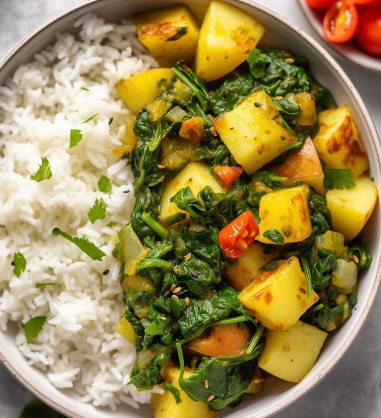 Indian ‘Aloo Palak’ Potato, Spinach & Tomato Curry (Gluten Free)