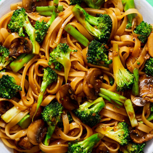 Japanese Style Teriyaki Mushroom and Broccoli Stir Fried Noodles (Contains Gluten)