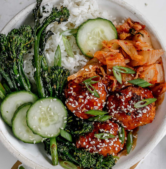 Korean BBQ Glazed Falafel Meatballs with Spicy 'Kimchi Cabbage' and Sesame Broccoli (Gluten Free)