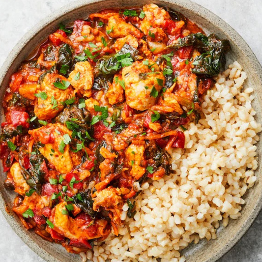 Moroccan Tagine Braised Vegetables and Leafy Greens with Cauliflower Rice (Gluten Free)