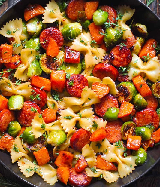 Farfalle Autumn Pasta with Herbed Olive Oil Dressing and Sliced Vegan Italian Sausages (Contains Gluten)