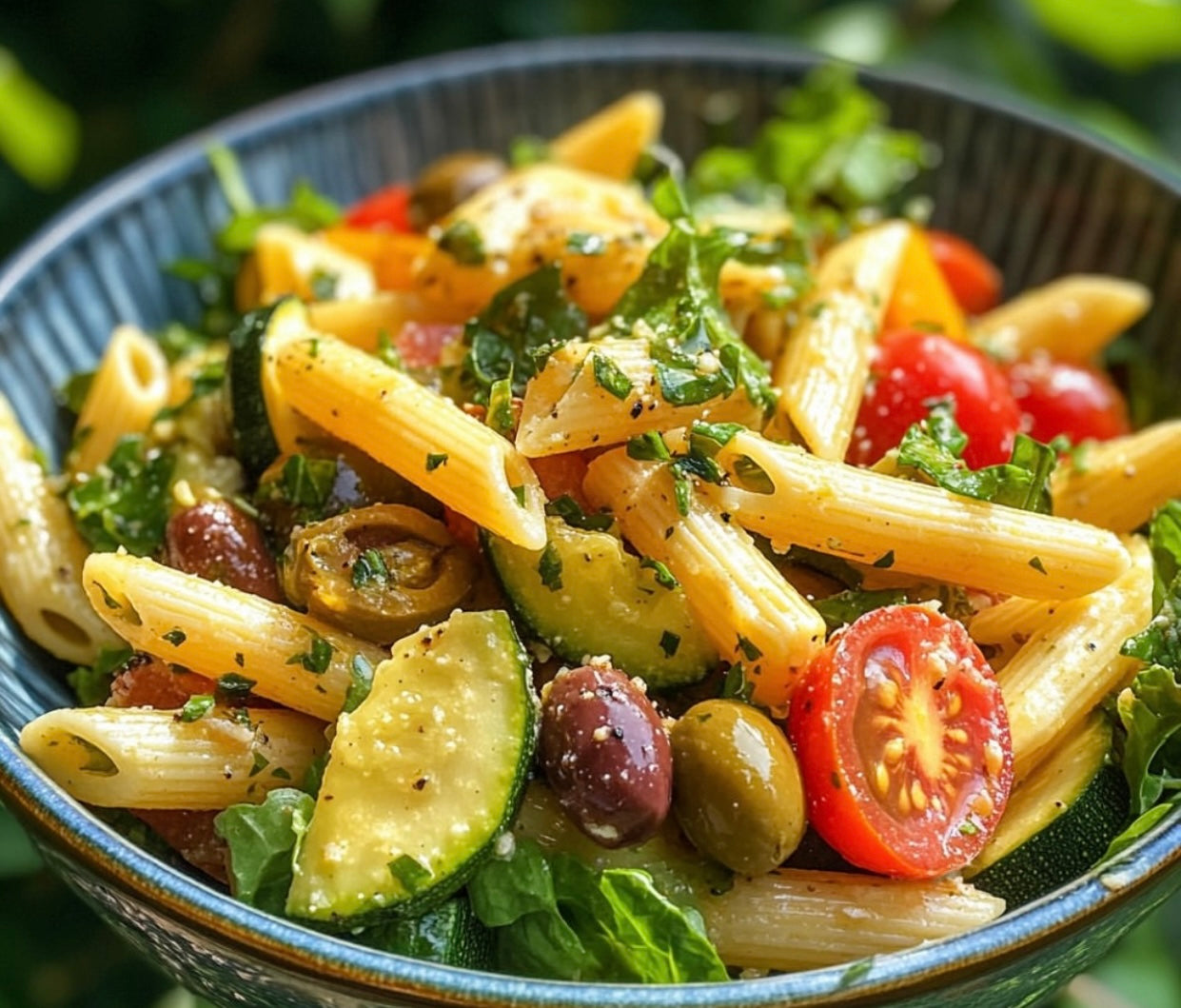 Greek ‘Tapenade’ Penne with Roasted Mediterranean Vegetables and Olive Herb Dressing  (Gluten Free)