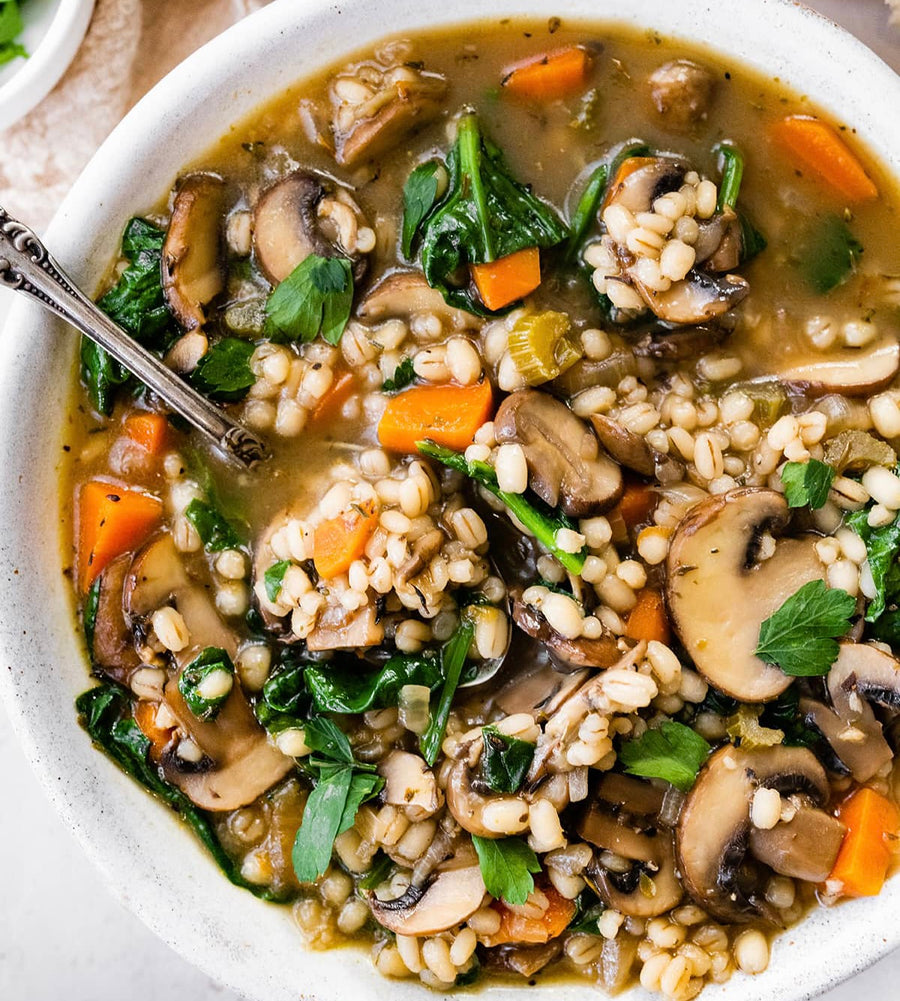 Vegan Beef and Barley Stewed Mushrooms, Carrots and Spinach