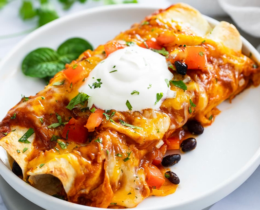 Spiced Pumpkin Hummus Enchilada Meal with side of Mexican Tomato Rice and Veggies (Contains Gluten)