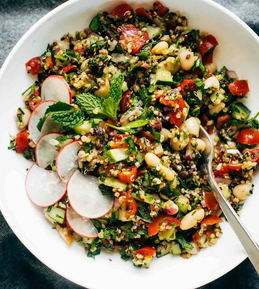 Lemony Herb-Loaded Chopped Greek Quinoa Protein Bowl with Pomegranate (Gluten Free)