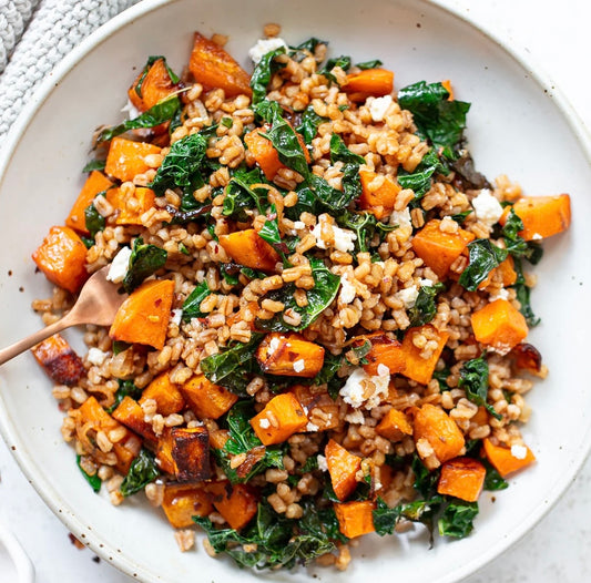 Superfood Barley Bowl with 'Sweet Chili Feta Tofu' Spinach, Kale and Roasted Sweet Potato (Contains Gluten)