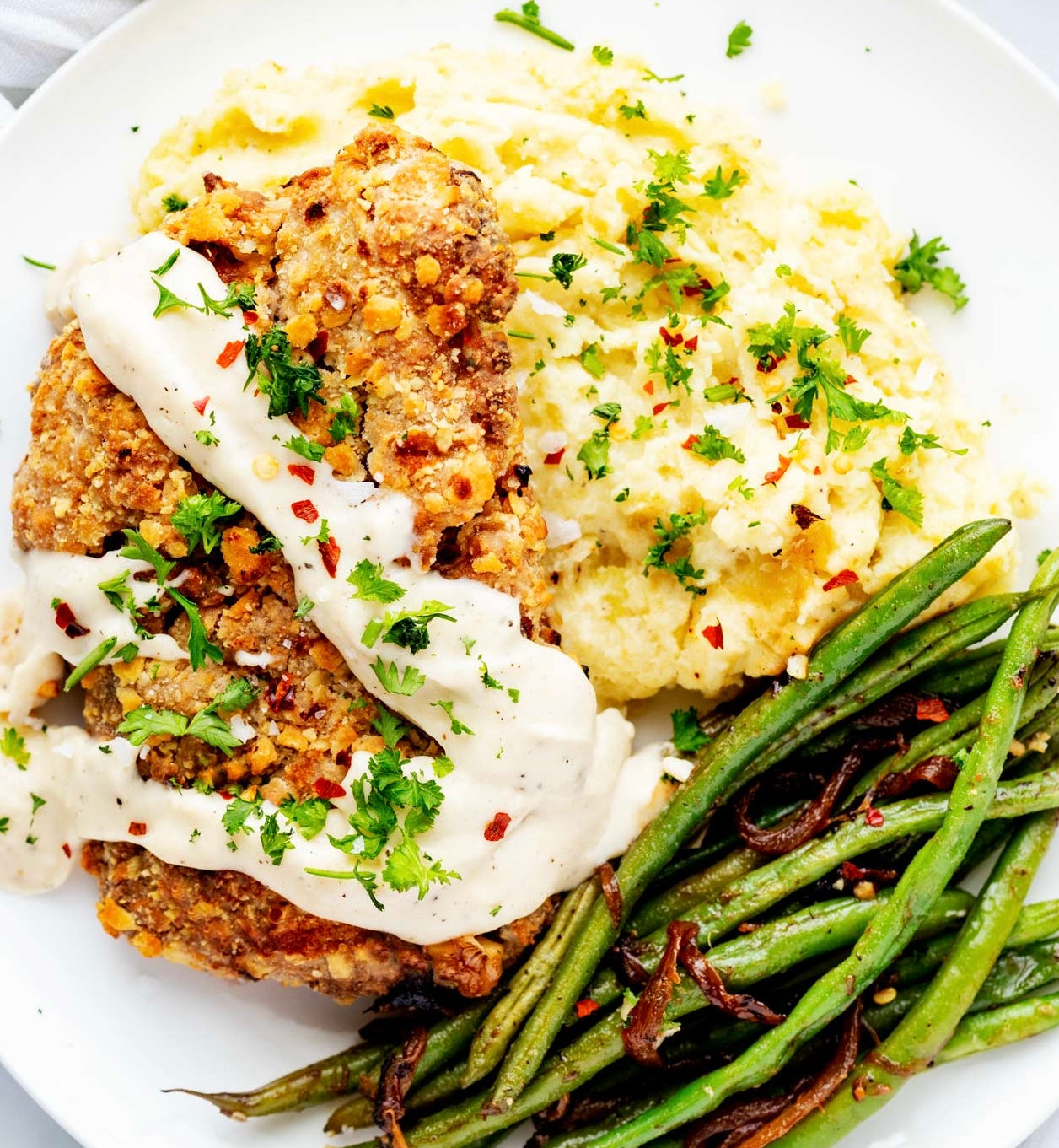 Country Gravy Style Vegan 'Fried Chicken' With Chive Cauliflower Mash and Greens (Gluten Free)