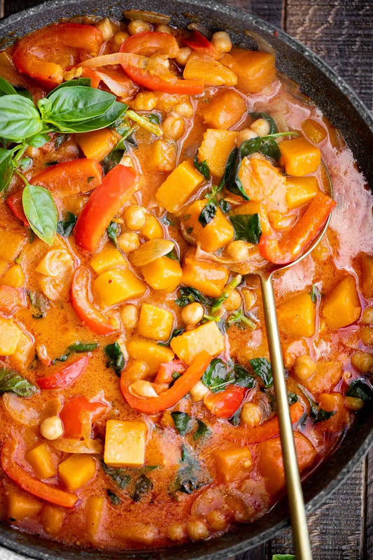 Autumn Harvest Protein Stew with Roasted Chickpeas, Leeks, Sweet Potato, Butternut Squash and Kale (Gluten Free)