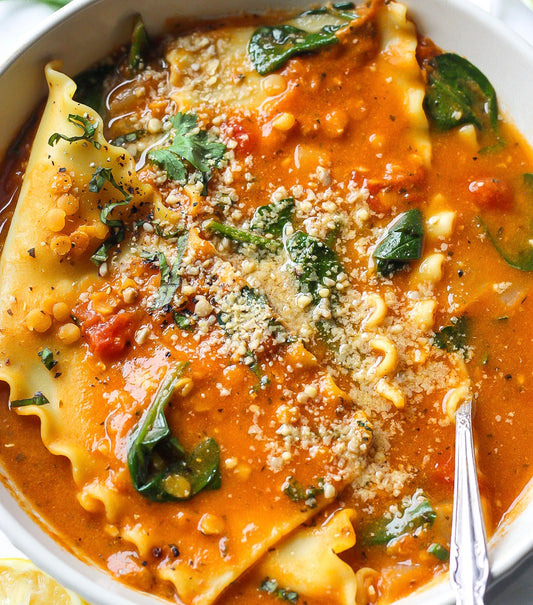 Rosé Ragu Stewed Deconstructed Lasagna with Spinach and Cherry Tomatoes (Contains Gluten)