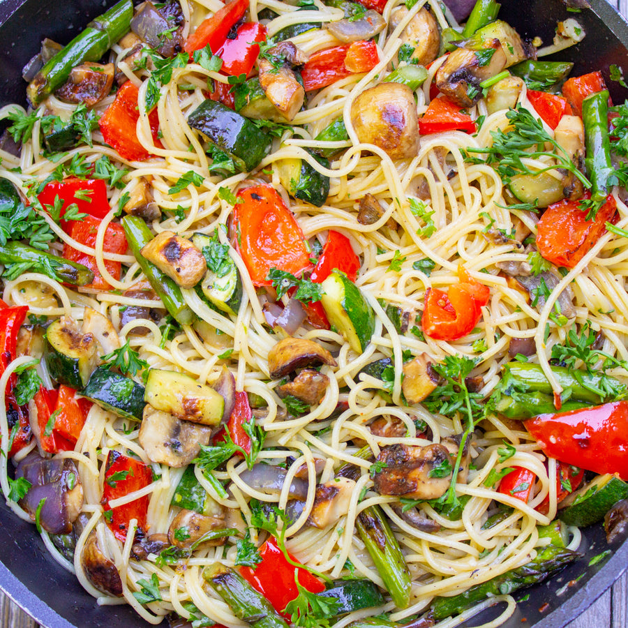 Spring Aglio Olio Spaghetti with Vegetable Medley and Roasted Garlic Olive Oil